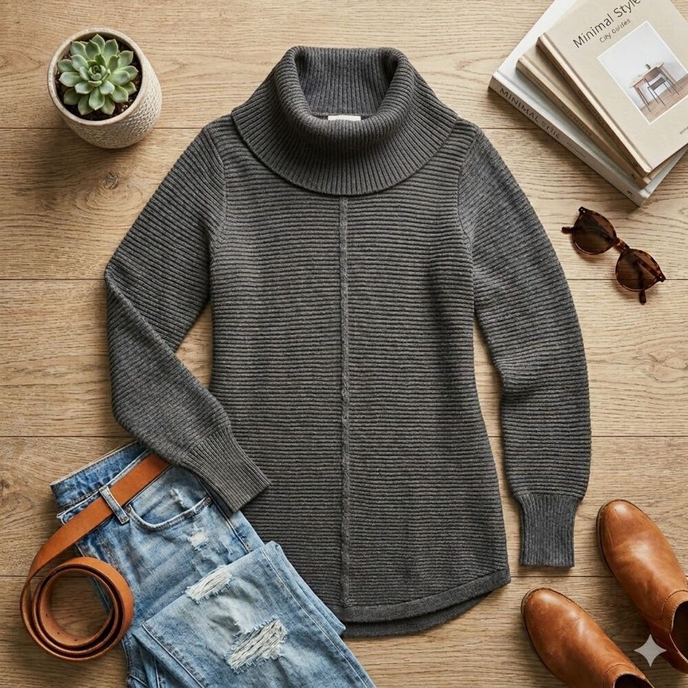Evolution by Cyrus | Dark Grey Ribbed Cowl Neck Tunic Sweater | Size Medium